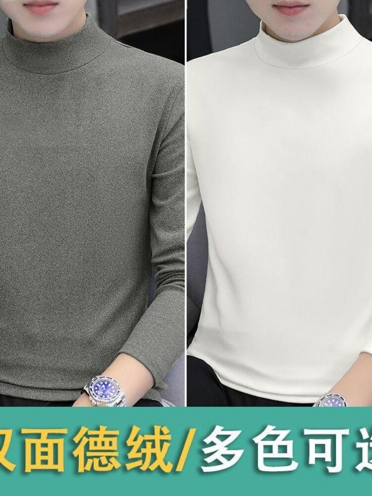 겨울 두꺼운 벨벳 남성용 긴팔 티셔츠 하프 터틀넥 바닥 셔츠 솔리드 컬러 미드 칼라 탑 따뜻한 양면 독일 벨벳