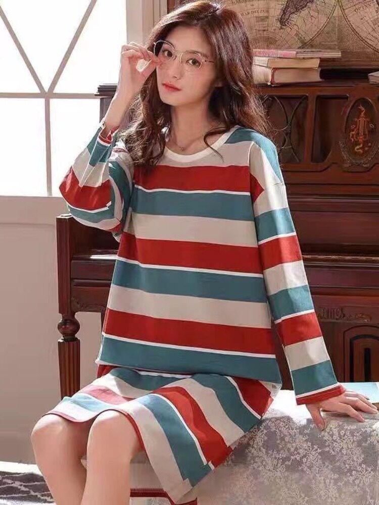 여성용 잠옷 여성용 가을 한국식 잠옷 여성용 가을 겨울 긴팔 잠옷 여름 귀여운 대형 가정복 중기 학생