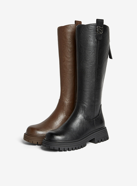 百思图2025冬季商场新款骑士靴厚底粗跟女棕色长靴F2031DG5