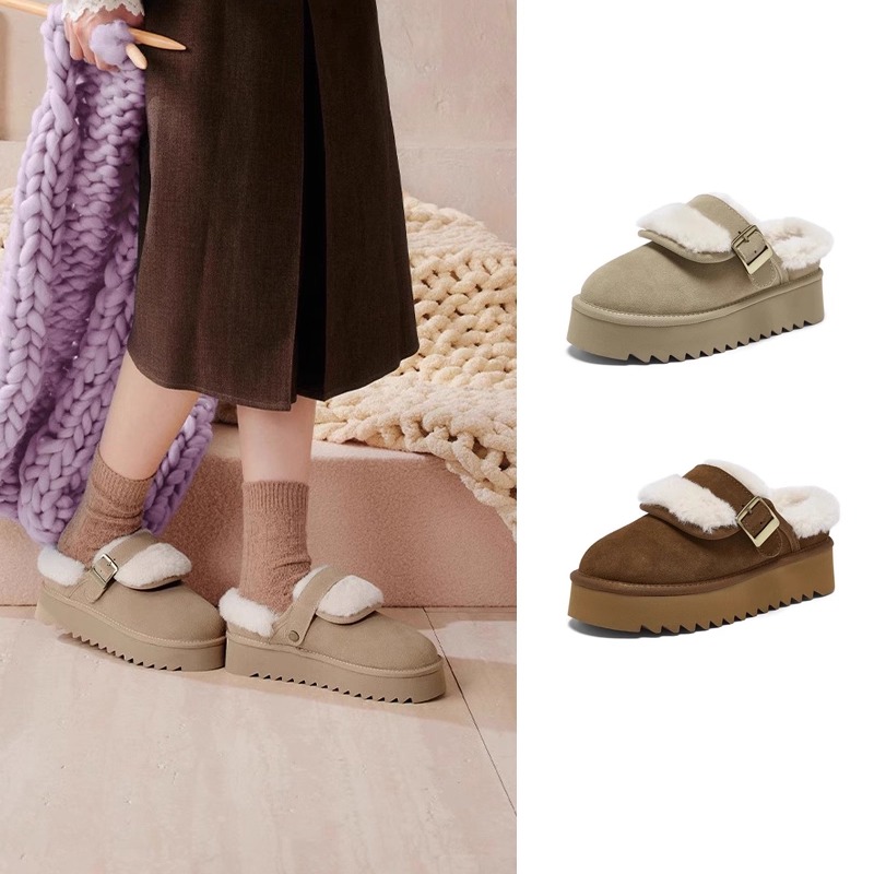 百思图厚底毛毛鞋棉鞋雪地靴加绒保暖女拖鞋冬季新款CO810DH5