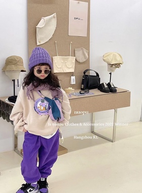 实体店同款品质一体绒紫色休闲裤男女童儿童花开了品牌特价包邮