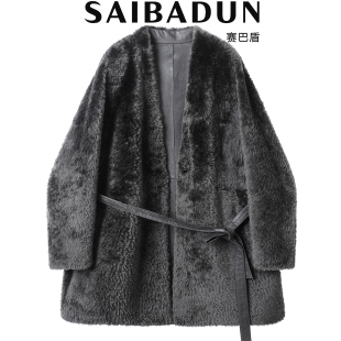 赛巴盾短毛拉贡羊羊羔皮毛一体女V领腰带中长款真皮皮草大衣25款