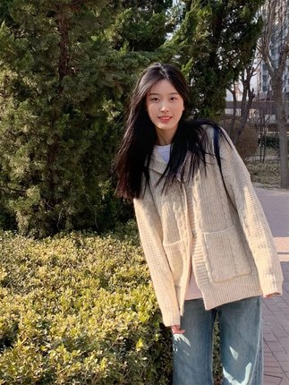韩版慵懒风麻花连帽毛衣开衫女秋冬新款宽松百搭中长款针织衫外套