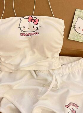 hellokitty吊带睡衣女款夏天带胸垫螺纹冰丝上衣纯欲风家居服套装