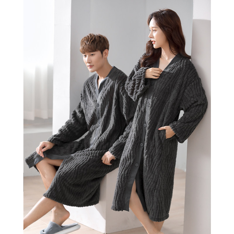 秋冬情侣提花法兰绒加厚睡袍简约纯色男女V领开衫保暖家居服浴袍