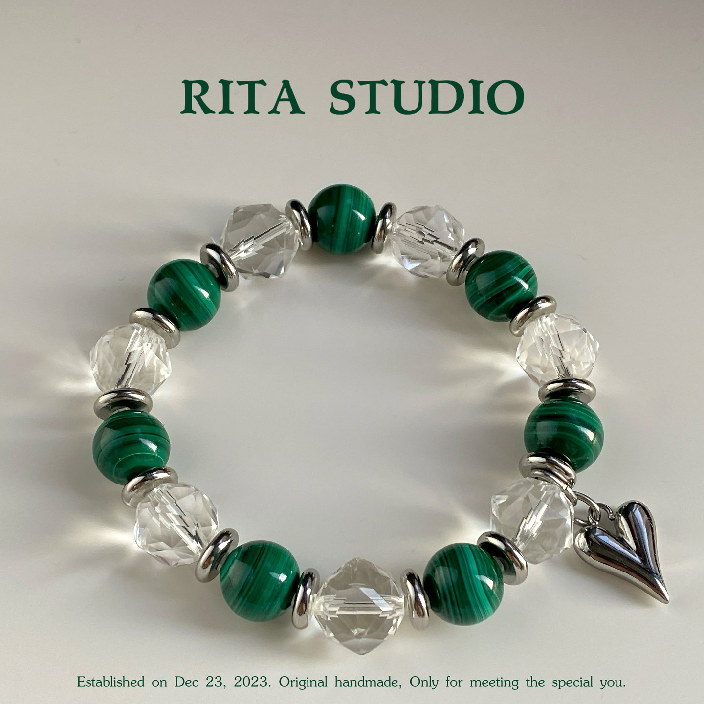 天然孔雀石手链毕业级原矿千层纹白水晶手串礼物小众轻奢饰品女