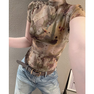 网纱纱衣半高领短袖T恤女时髦印花气质弹力紧身打底小衫上衣夏天