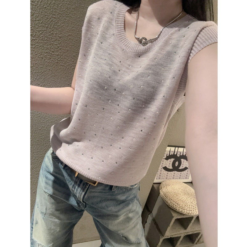 时髦烫钻短袖女冰丝针织衫宽松