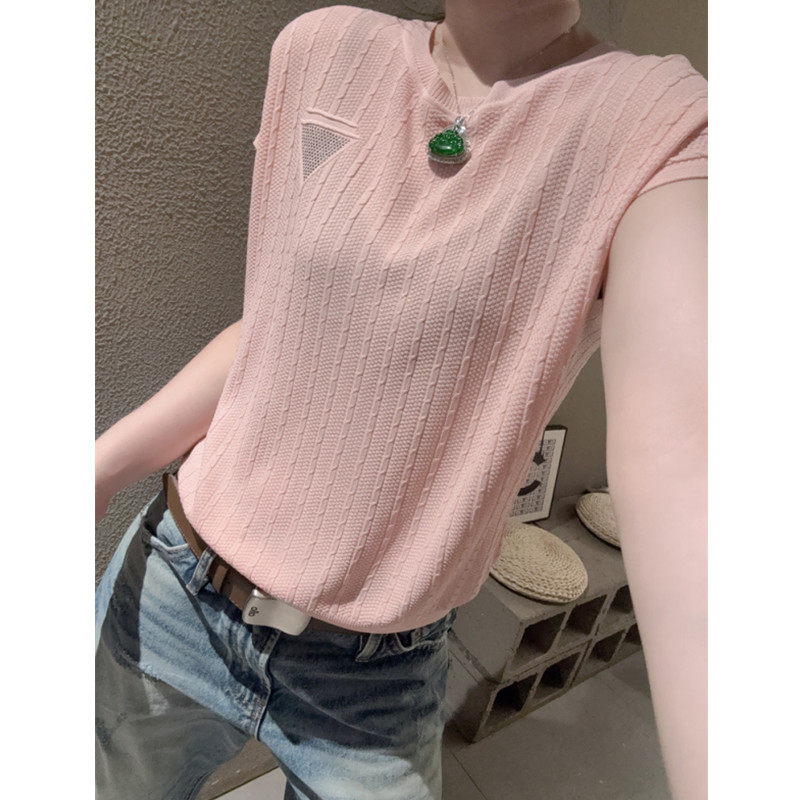 麻花条纹短袖女冰丝针织衫提花洋气百搭显瘦宽松小飞袖上衣小衫夏