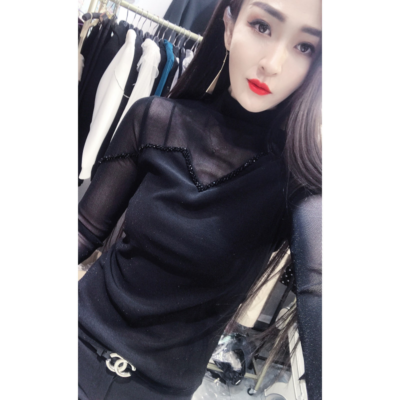 秋冬新款拼接蕾丝高领打底衫女加绒保暖洋气百搭长袖t恤修身上衣