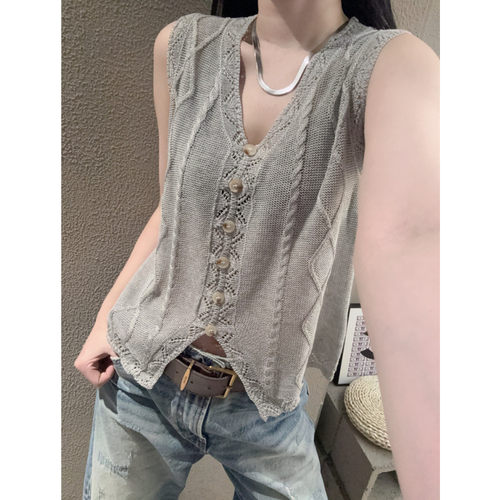 开叉露肚脐无袖女背心针织衫宽松