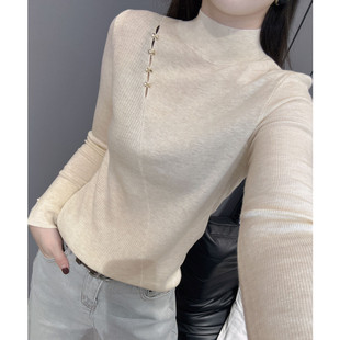 修身半高领针织衫长袖女秋冬款设计感洋气内搭毛衣打底衫镂空上衣