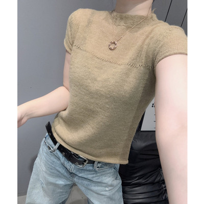 立领短袖女冰丝针织衫紧身打底衫