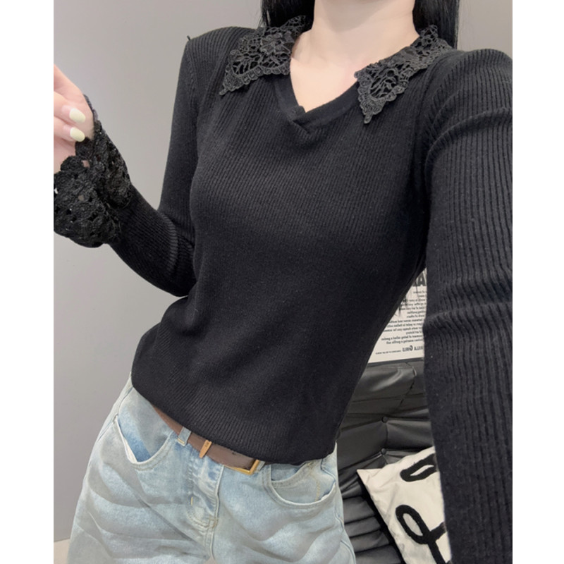 蕾丝花边翻领针织衫长袖女打底衫