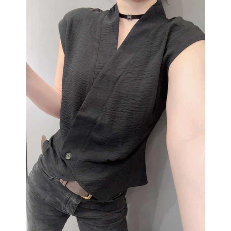 V領(lǐng)開(kāi)衫短袖襯衫女夏季新款高級(jí)感洋氣百搭襯衣修身不規(guī)則上衣夏