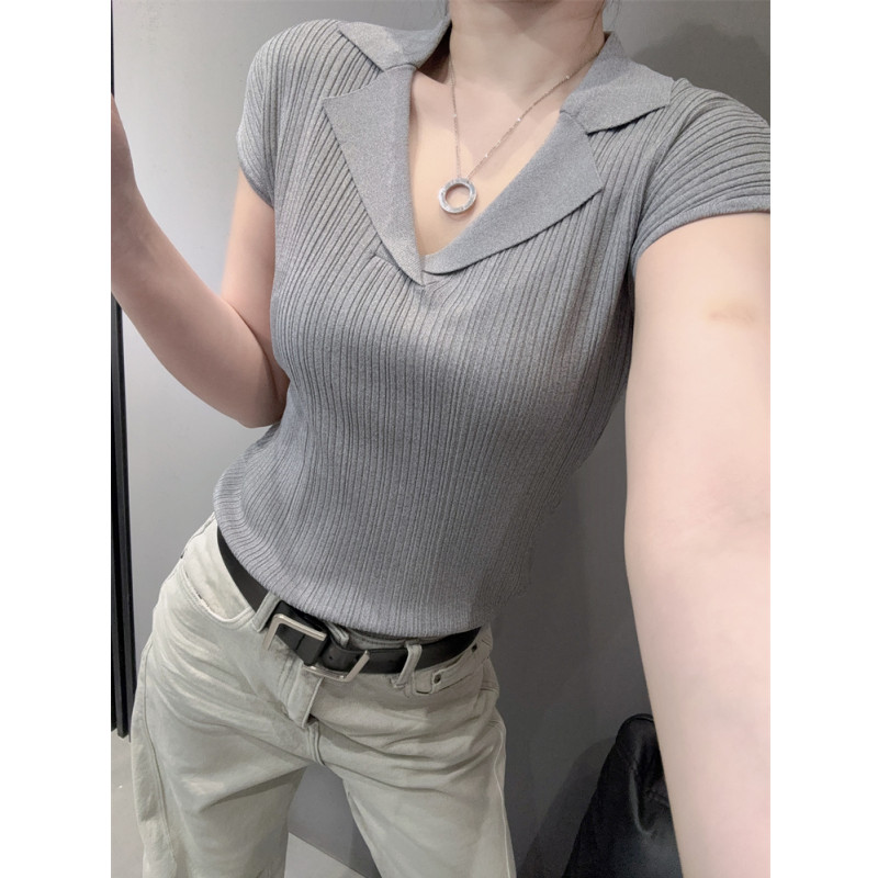 高级感气质V领冰丝针织衫短袖女