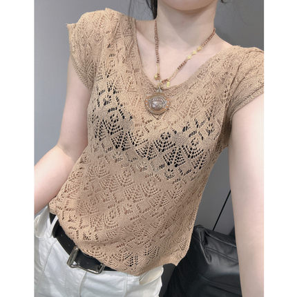 夏季新款性感镂空冰丝针织衫短袖女气质宽松微透叠穿罩衫欧货上衣
