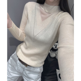 毛衣打底衫 秋冬款 设计感洋气修身 女长袖 半高领上衣 蕾丝拼接针织衫