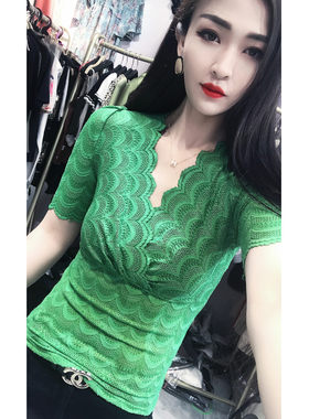 短袖欧洲站常规V领蕾丝女