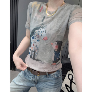 高级感印花短袖T恤女时髦气质百搭修身弹力圆领网纱纱衣上衣夏天