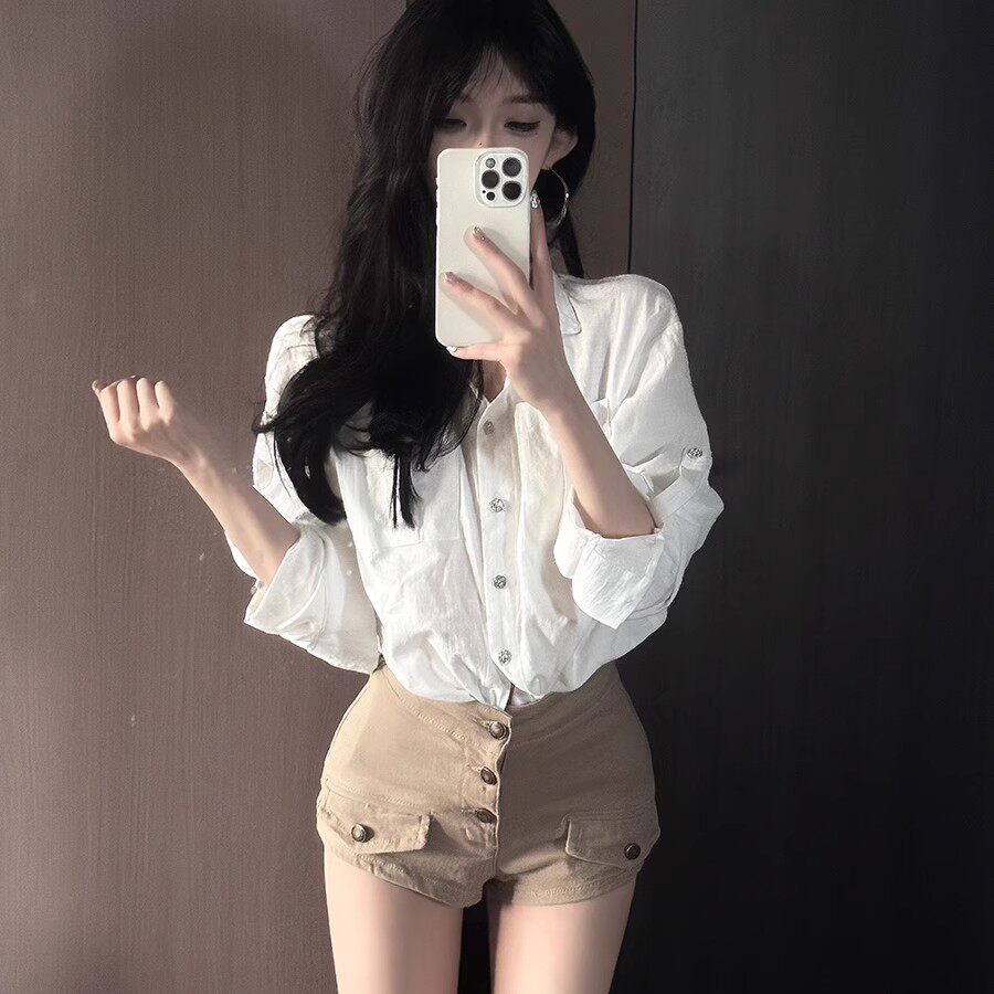 JULY 崎崎 辣妹高智感金秘书白衬衫简约宽松高级慵懒v领防晒上衣