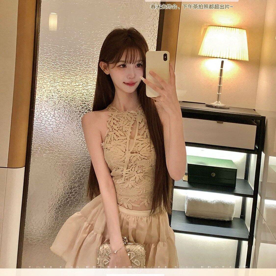YOLI张宥利"早古韩女"榛果咖套装女春纯欲挂脖背心吊带搭半身短裙