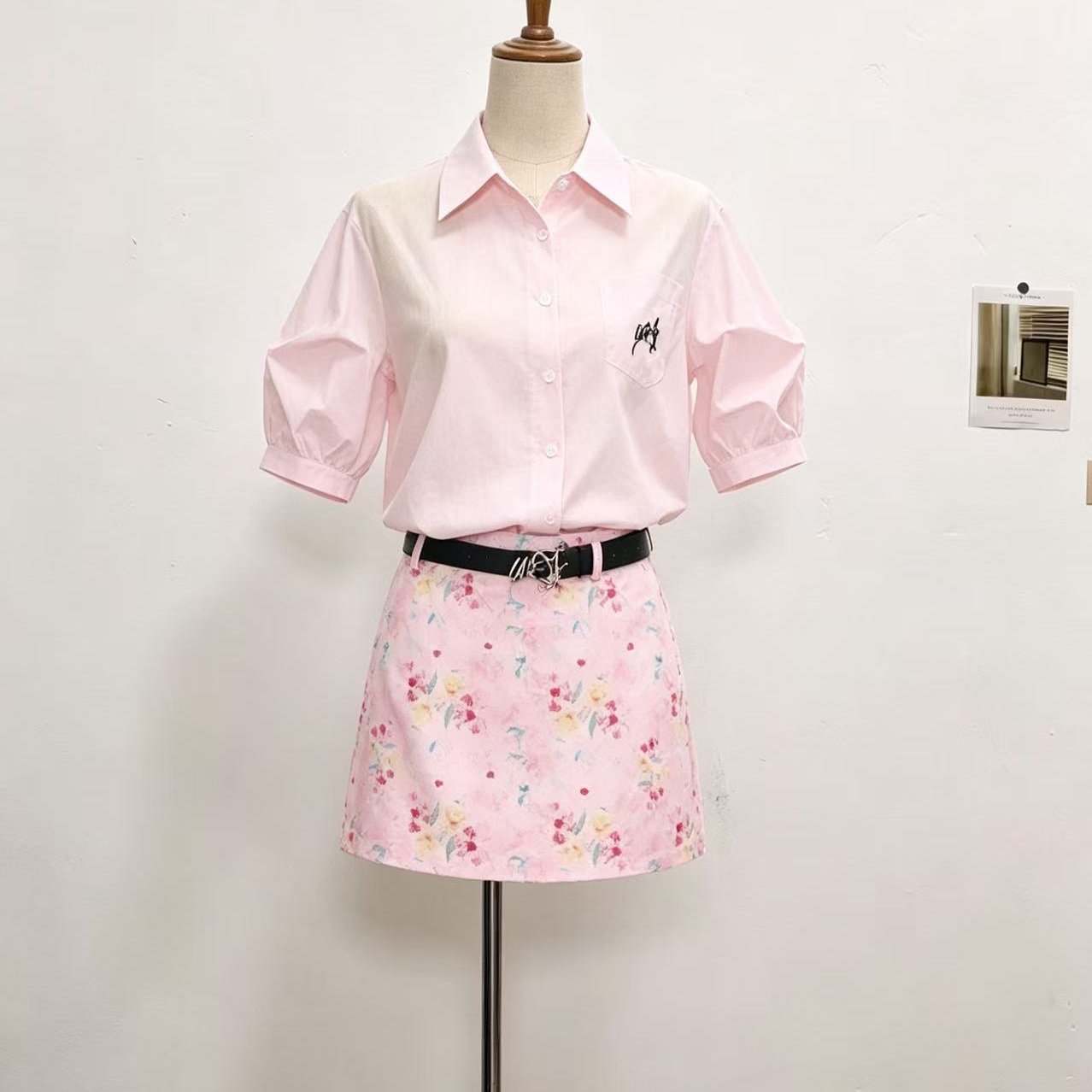 4.3新品WESTAYONE粉色衬衫女小个子衬衣高级感+油画印花短裙