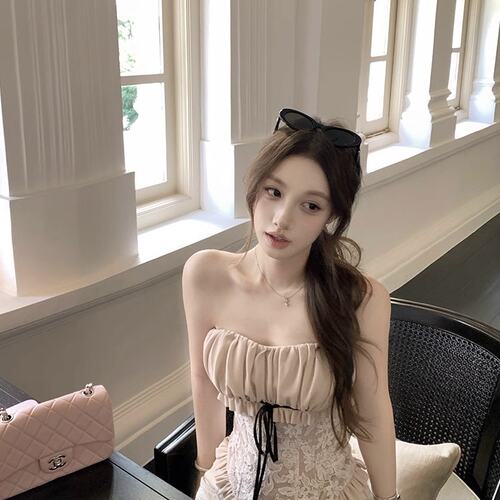 板栗可可'少女茶话会'提花蝴蝶结撞色鱼骨束腰抹胸女夏
