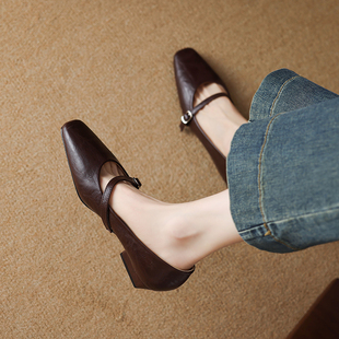 一字带浅口绝美小跟单鞋 3cm中跟2025新款 女 方头玛丽珍鞋 真皮法式