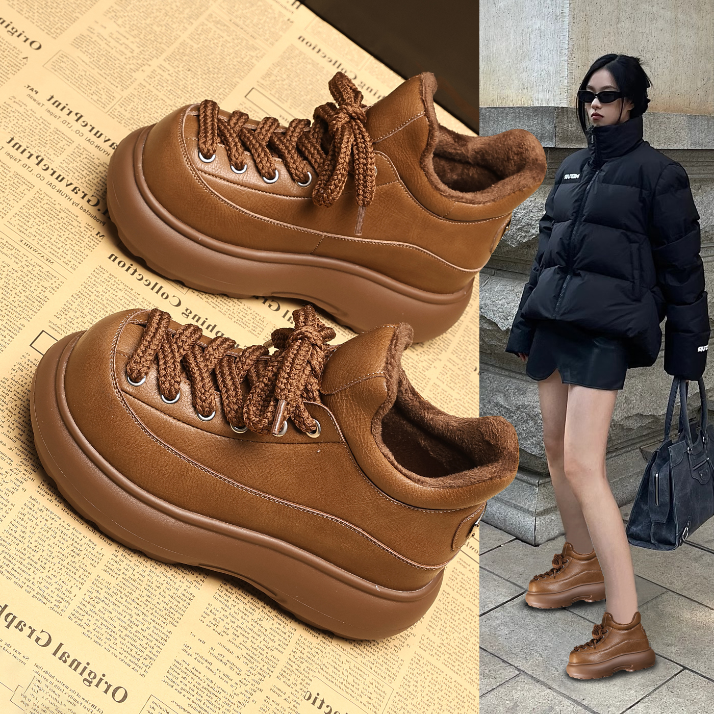 厚底增高8CM真皮棕色加绒勃肯鞋