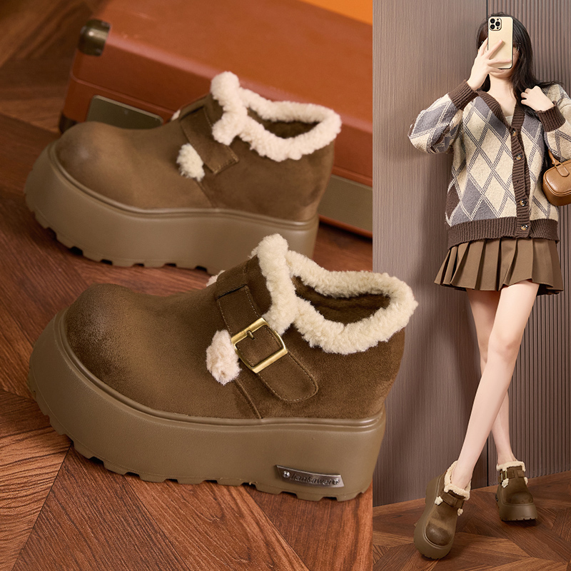冬季加绒勃肯鞋女2025新款厚底松糕保暖棉鞋小个子增高轻便乐福鞋