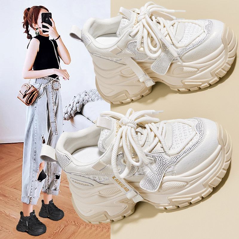 厚底内增高10CM白色水钻老爹鞋