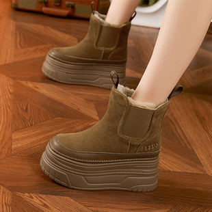 厚底内增高9CM真皮雪地靴女2025冬季 加绒保暖松糕短靴棉靴子 新款