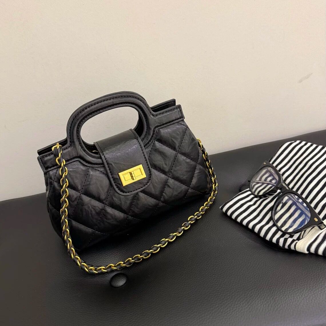 小香风菱格链条锁扣小方包手提单肩腋下女包高质感斜挎女包百搭潮