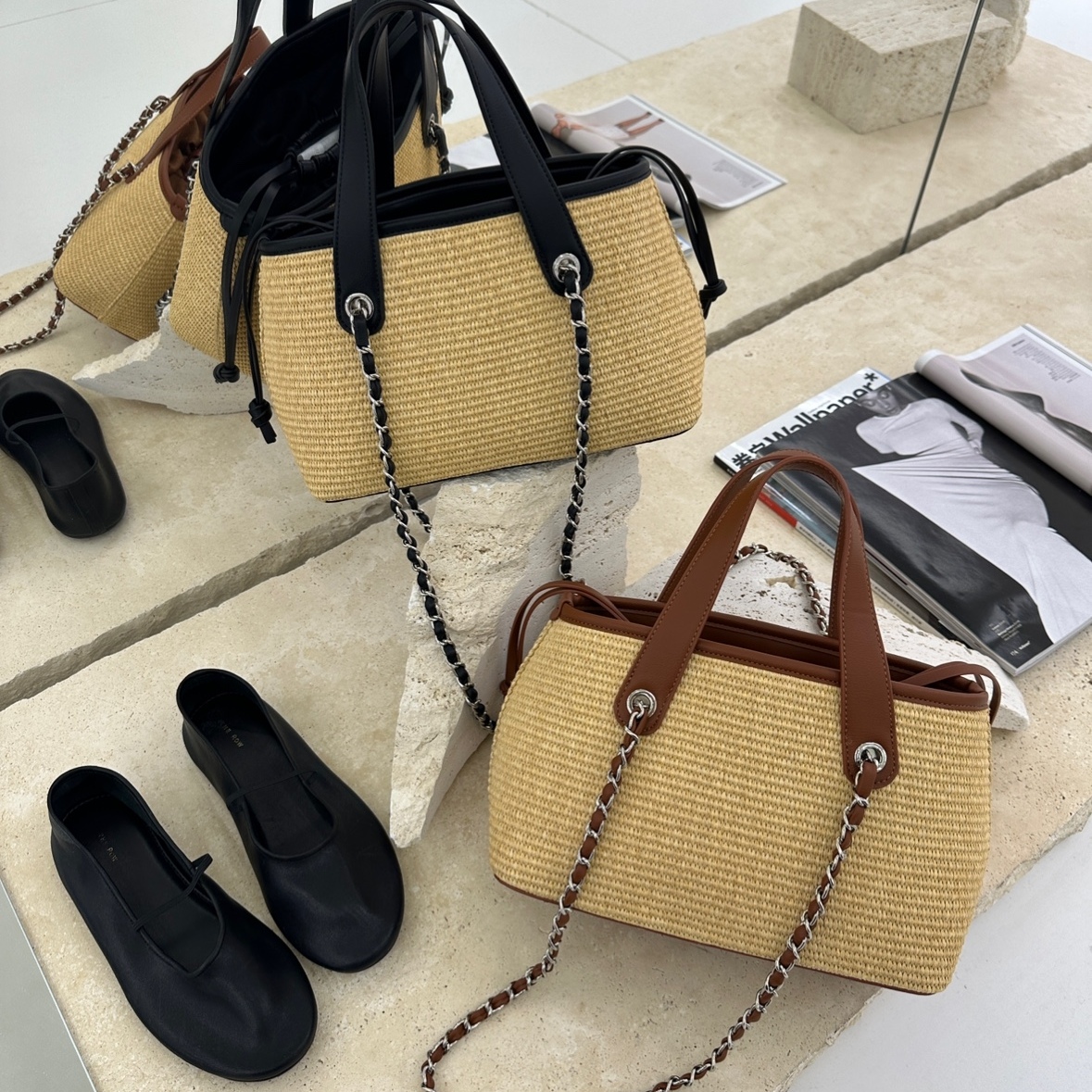 拉菲草链条抽绳小方包度假沙滩包