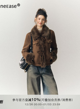 SereneEase复古麂皮绒系带大毛领外套秋冬新款皮毛一体夹克上衣