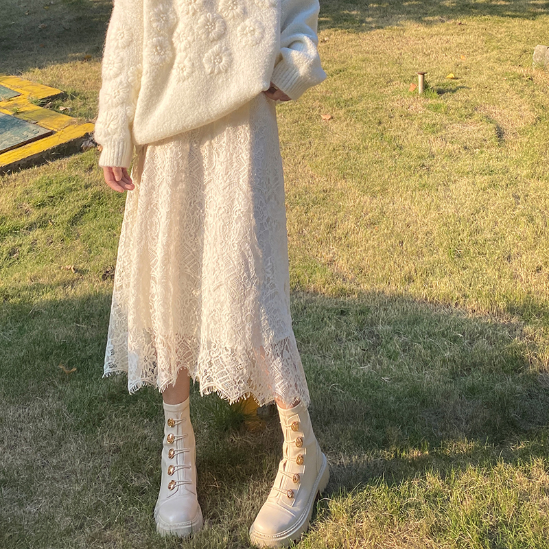 杏白花边蕾丝半身裙女春秋收腰宽松纯色高腰百搭中长款a字长裙子