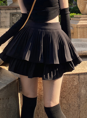 FlowerSong/黑色巨好看短裙蛋糕裙超高腰白色a字百褶蓬蓬半身裙女