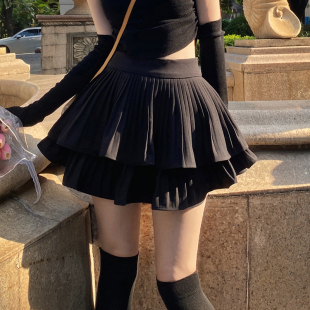 FlowerSong 黑色巨好看短裙蛋糕裙超高腰白色a字百褶蓬蓬半身裙女