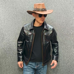 马皮红茶芯门多萨男士外套真皮皮衣修身翻领潮流经典帅气百搭复古