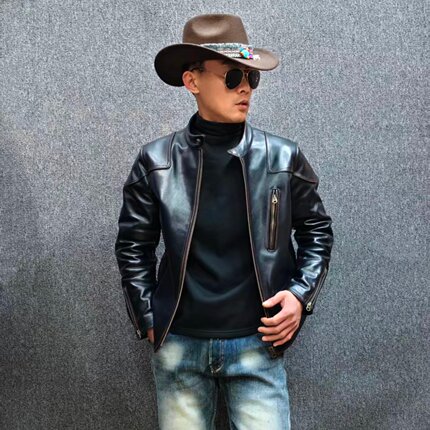 马皮红茶芯 男款真皮皮衣 外套经典修身时尚立领复古机车痞帅休闲