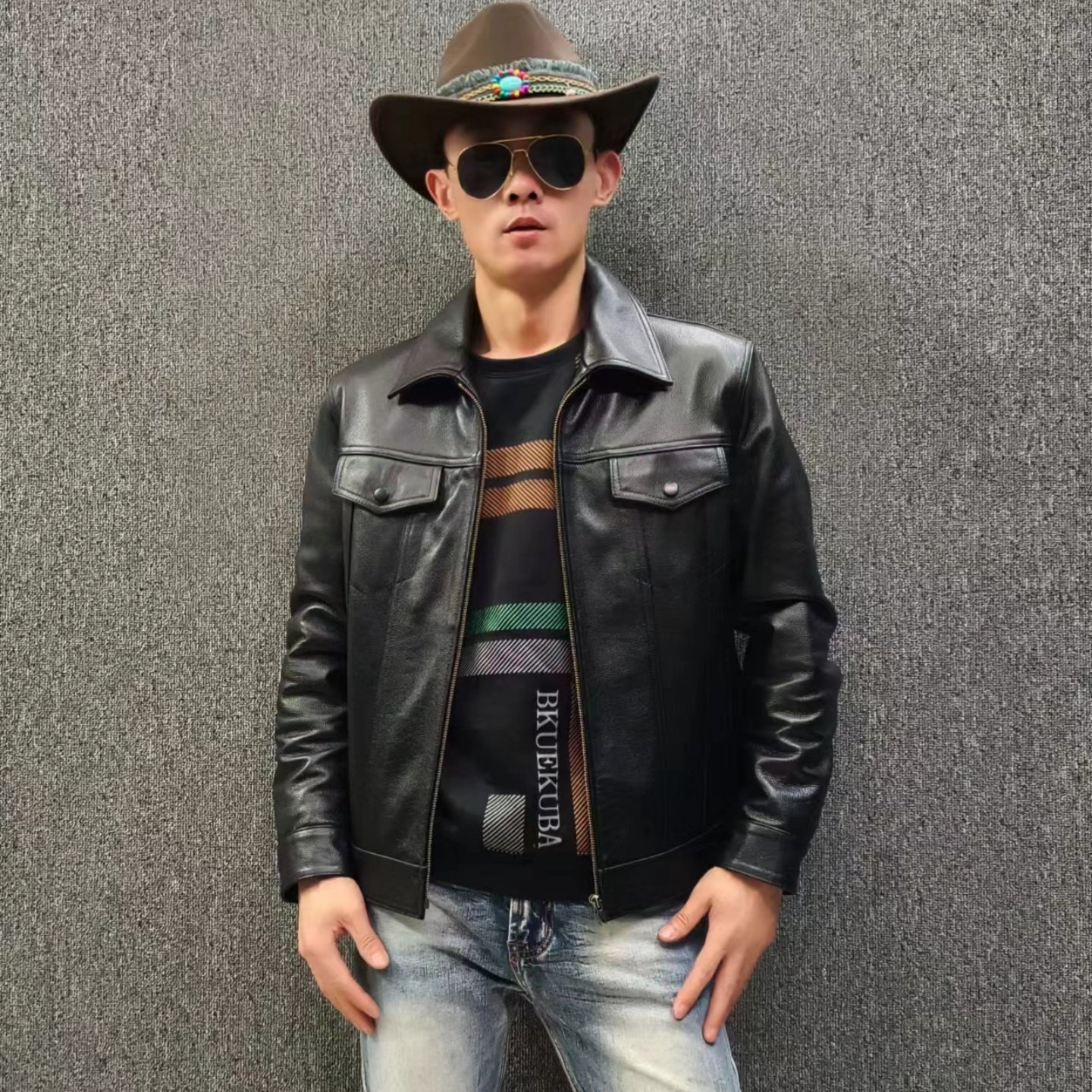 头层牛皮男款皮夹克外套经典牛仔修身休闲潮流黑色翻领春秋季百搭