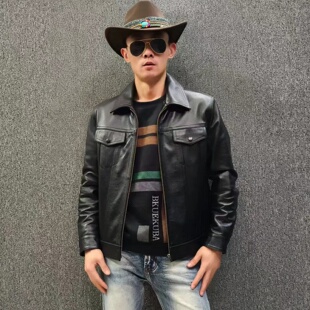 头层牛皮男款皮夹克外套经典牛仔修身休闲潮流黑色翻领春秋季百搭