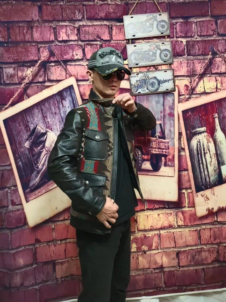 真皮皮衣男士外套头层牛皮拼接纳瓦霍图腾毛呢修身机车服皮夹克装