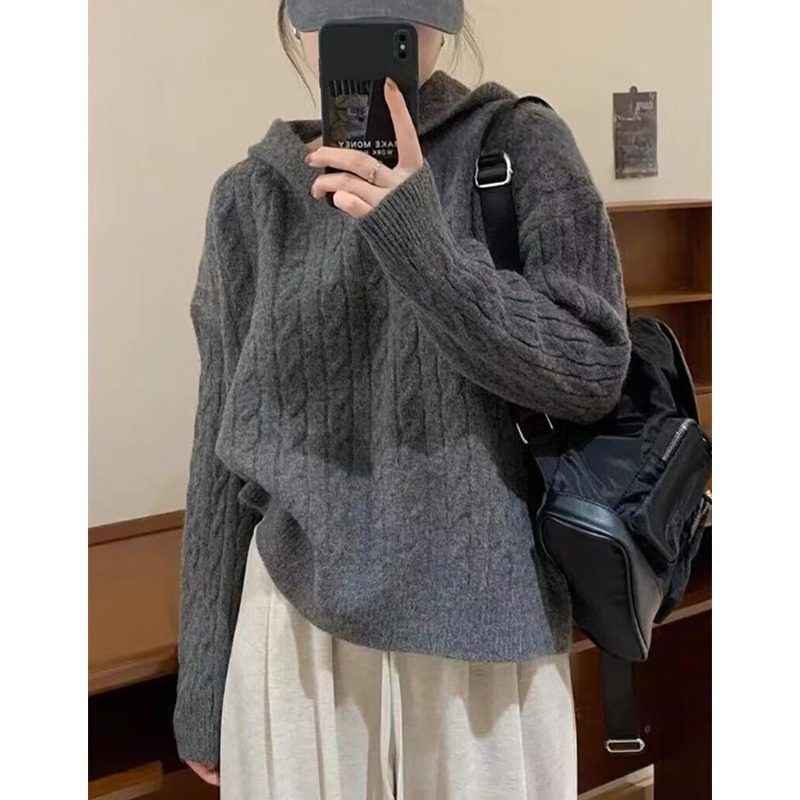 园园美衣复古麻花连帽毛衣女套头