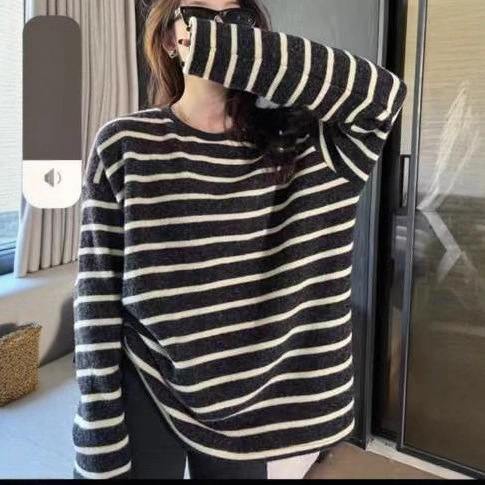 园园美衣衫女条纹宽松休闲学院风德绒加厚保暖打底衫新款显瘦打底