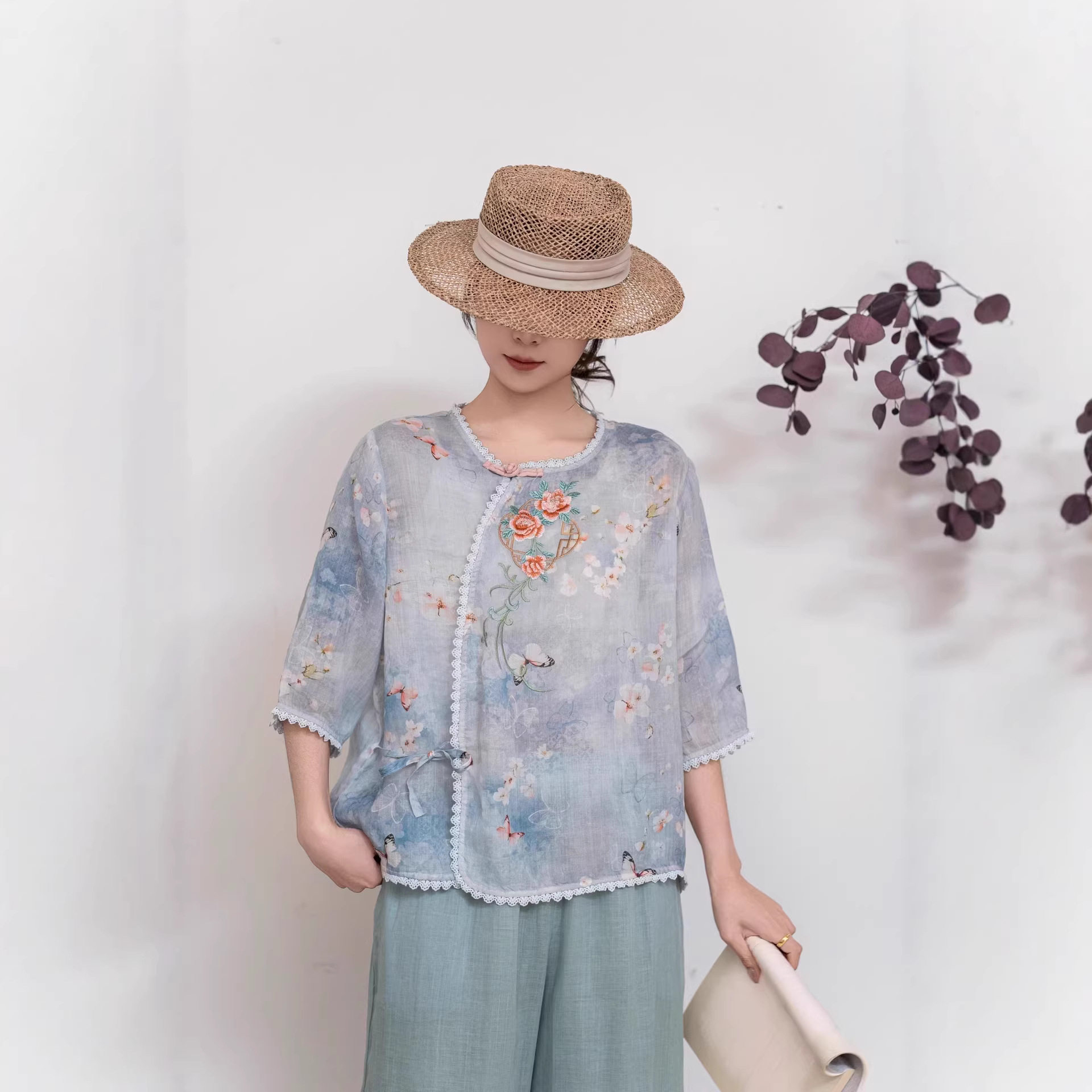 园园美衣苎麻上衣女2026夏季透气T恤衫新款宽松时尚印花短袖小衫