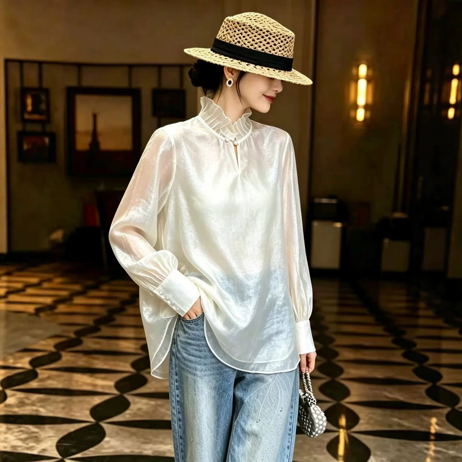 园园美衣新中式国风女装天丝衬衫春秋复古长袖百搭打底衫上衣
