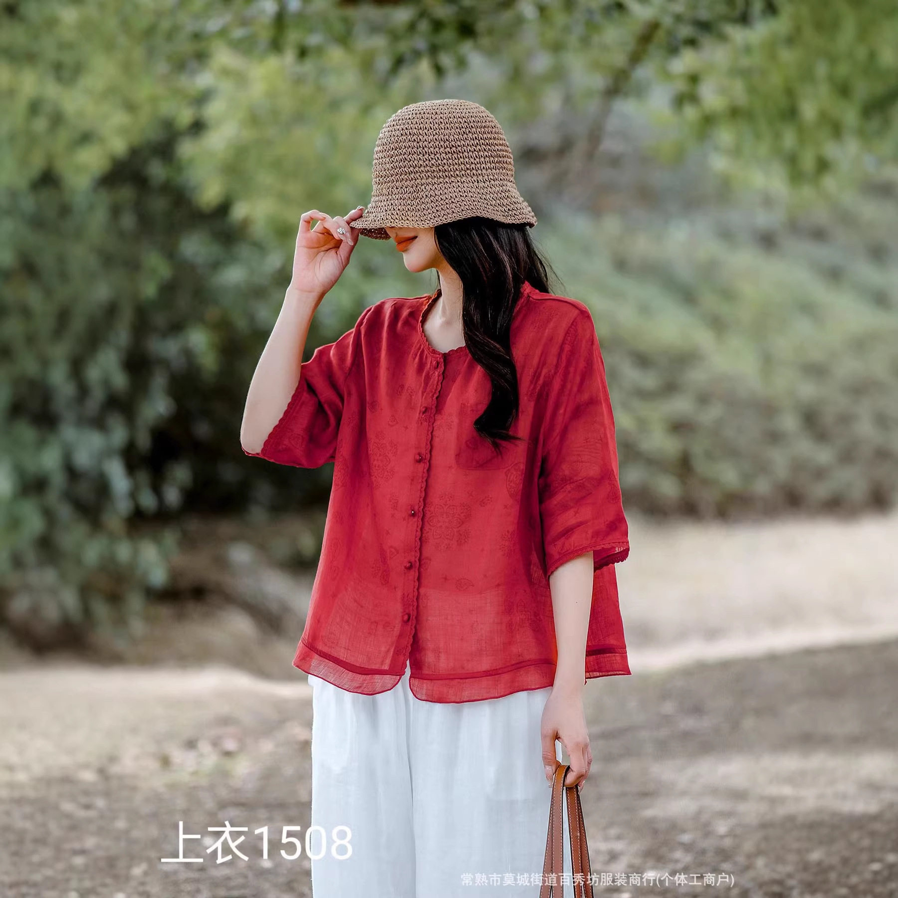 园园美衣新款拼接上衣女士宽松甜美花边圆领苎麻短袖衬衫复古开衫