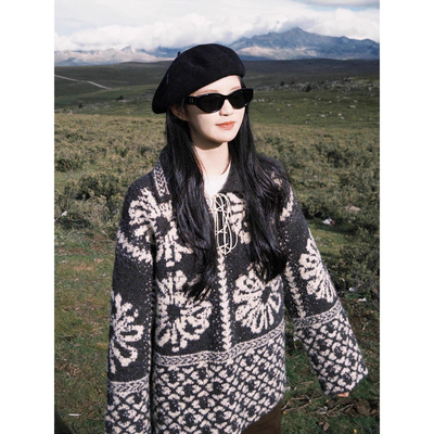 园园美衣尔岛套头毛衣女秋冬穿搭复古慵懒宽松加厚翻领针织衫上衣